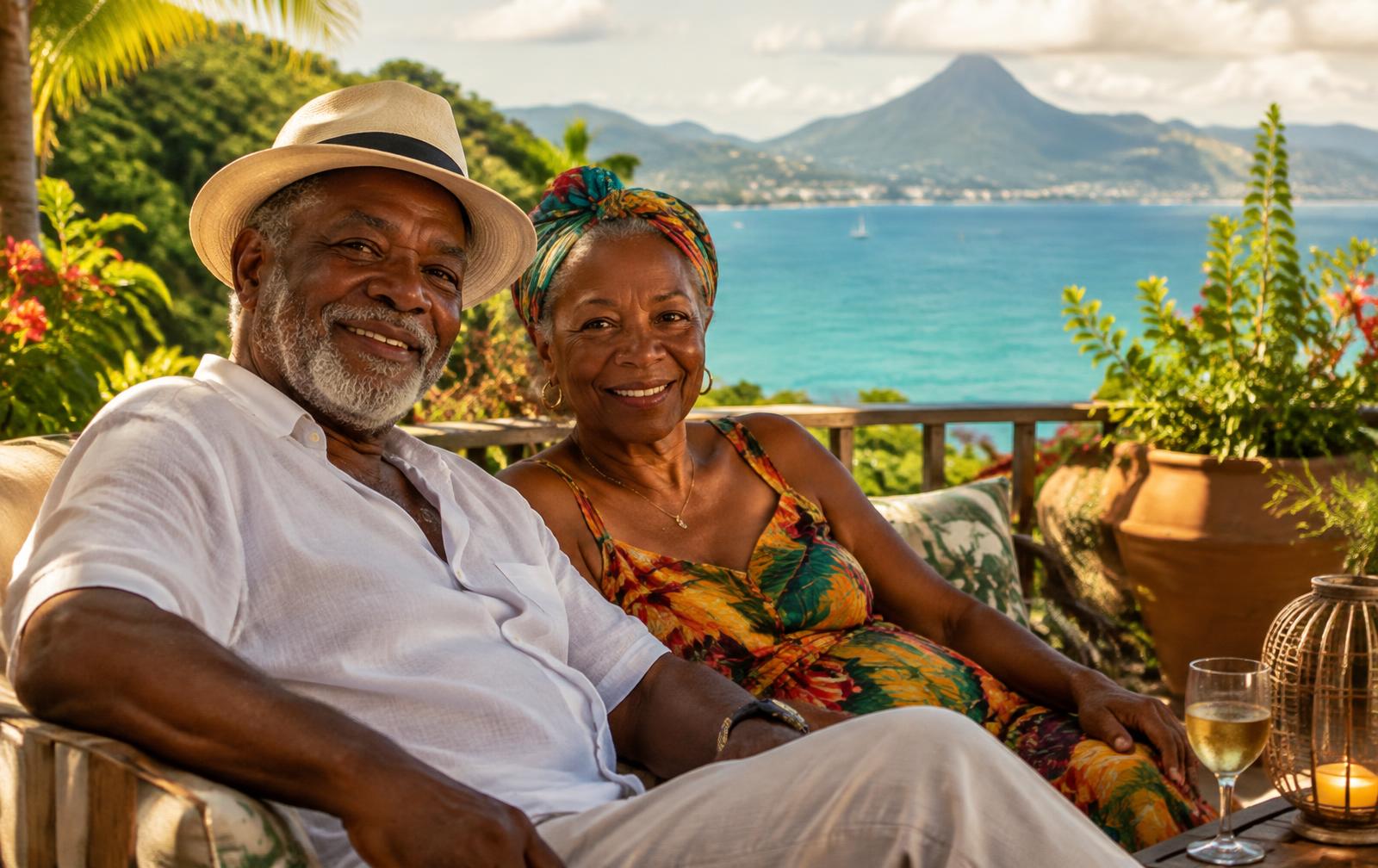 Couple de seniors martiniquais sur une terrasse face à la mer